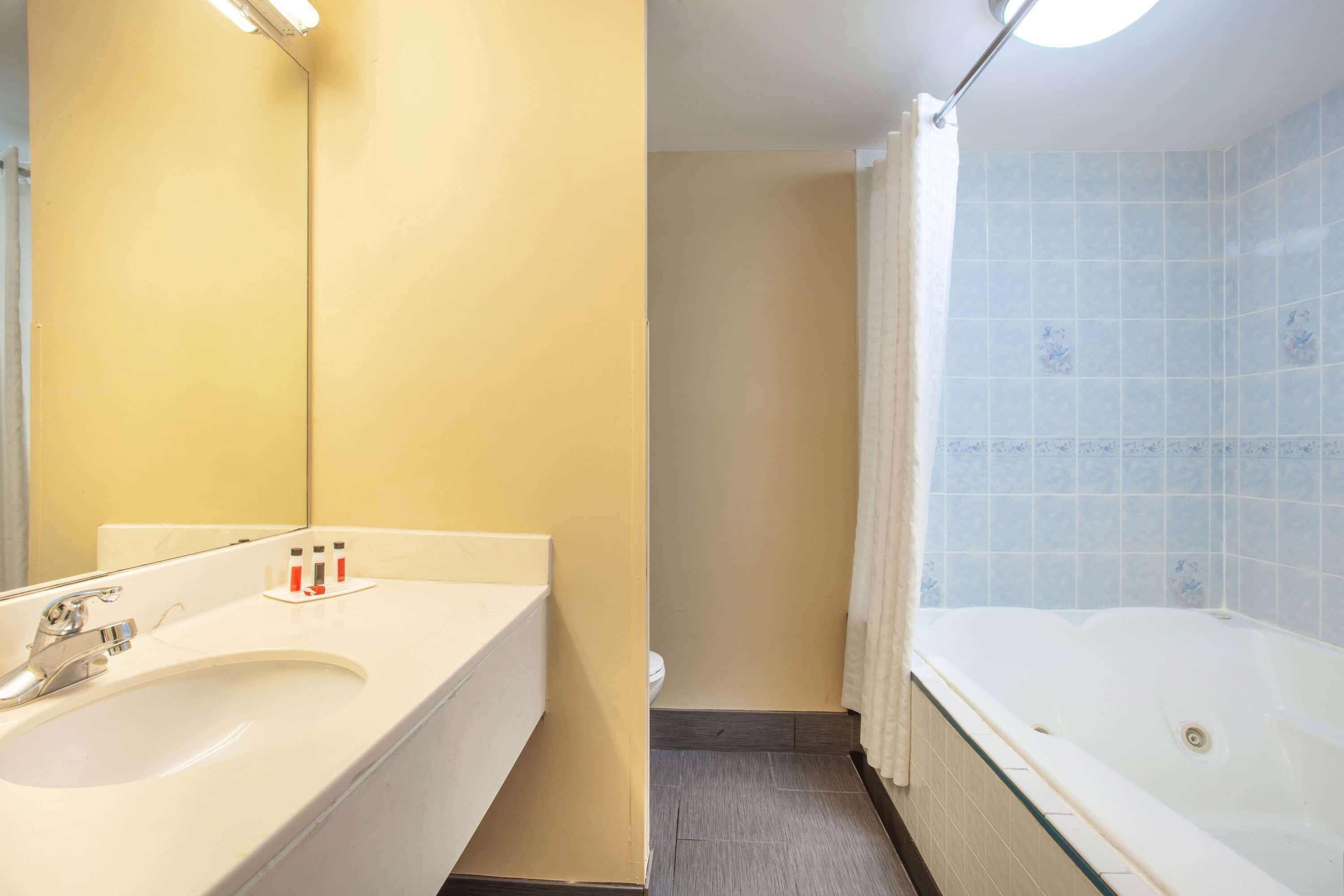 Une salle de bain avec un lavabo blanc, un miroir, une baignoire et un rideau de douche.