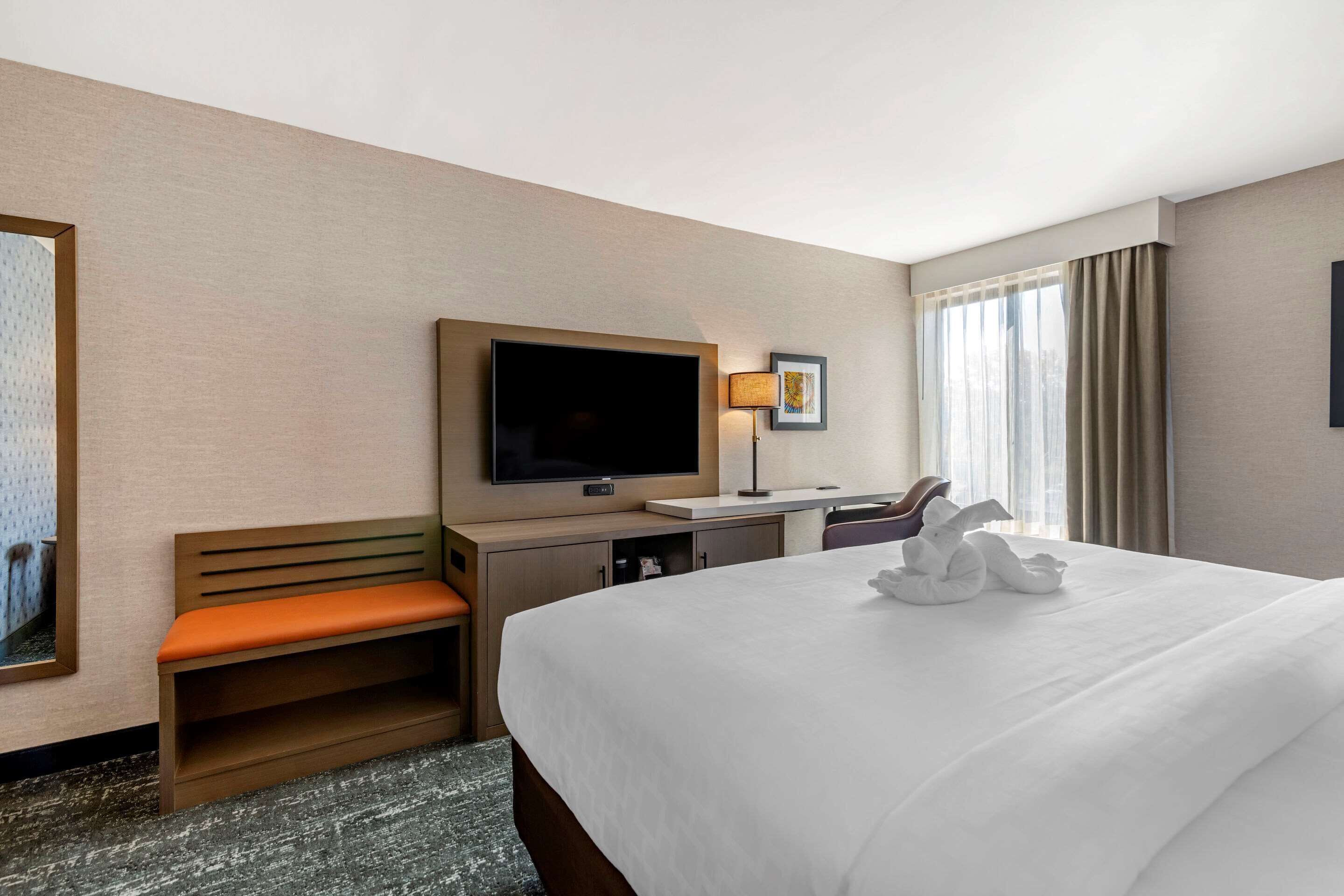 A hotel room with a bed, a desk, a chair, a television, and a window with curtains.