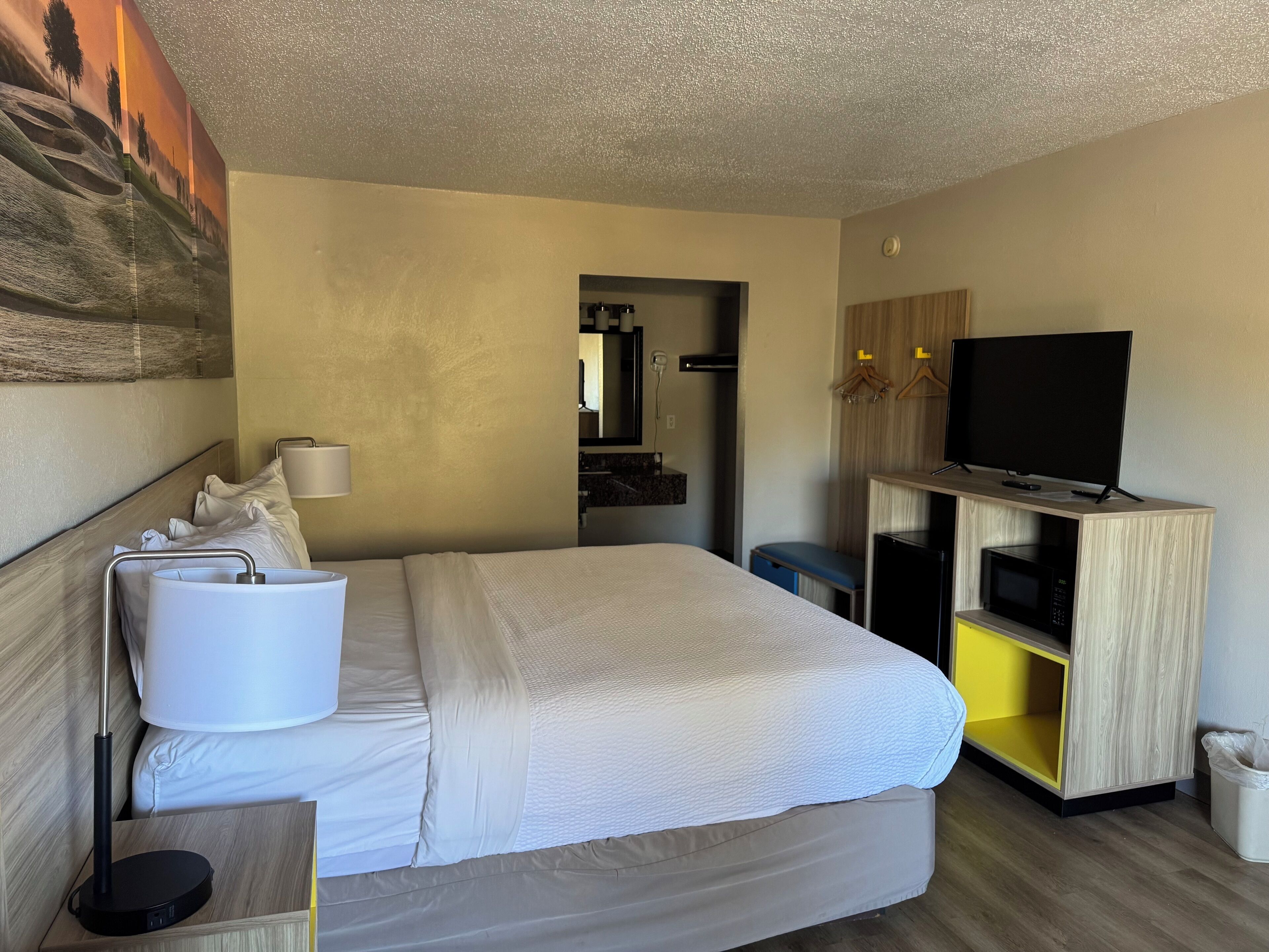 A hotel room with a bed, a TV, a desk with a lamp, and a painting on the wall.