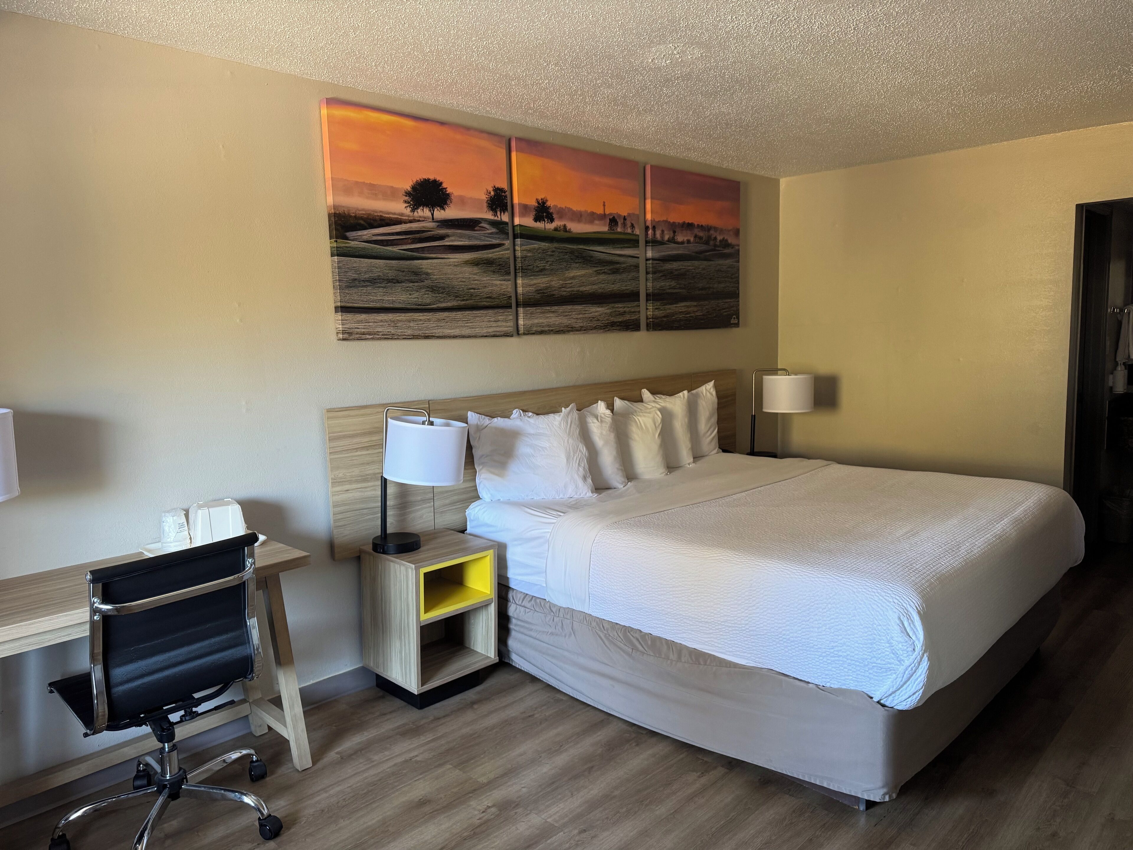 Habitación de hotel con una cama, un escritorio, una silla, una lámpara y un cuadro en la pared.