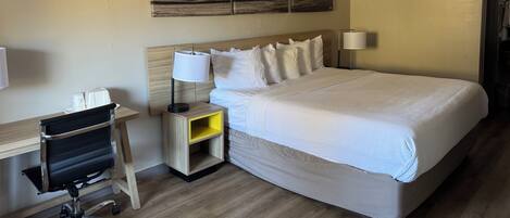 Habitación de hotel con una cama, un escritorio, una silla, una lámpara y un cuadro en la pared.