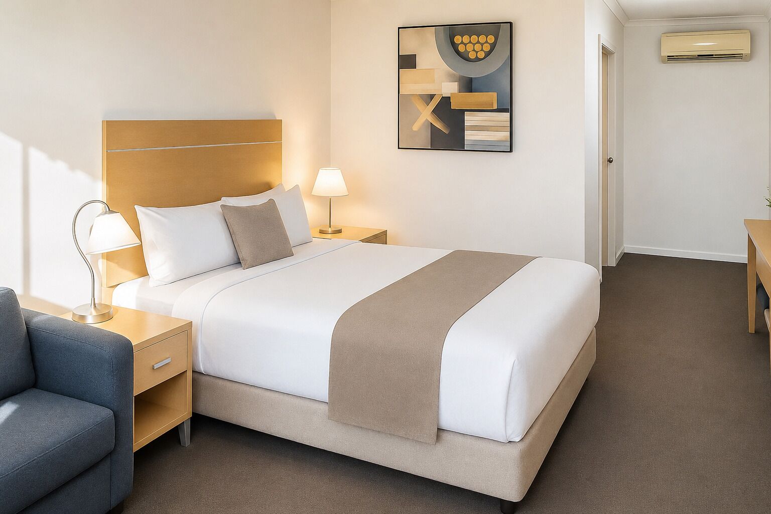 Una habitación de hotel con cama, mesitas de noche, lámpara, silla y una obra de arte en la pared.