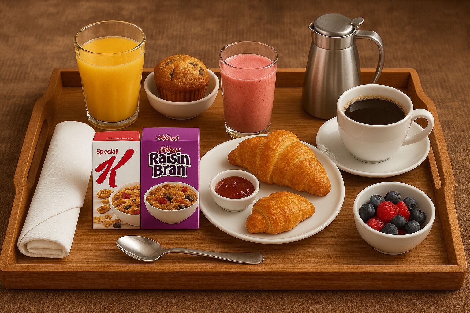 Ein Frühstücksbrett mit einem Muffin, einem Croissant, Saft, Kaffee, Müsli und frischen Beeren.