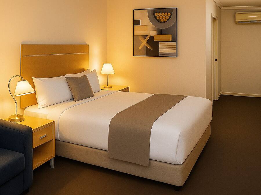 A hotel room with a large bed, bedside tables, a lamp, a chair, and a wall-mounted artwork.