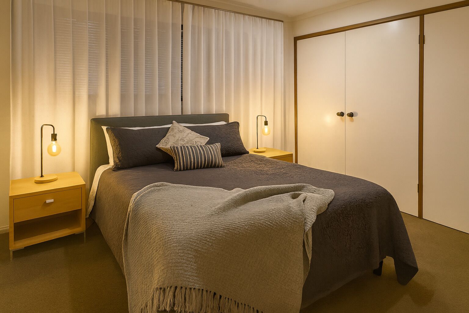 A neatly arranged bedroom with a bed, bedside lamps, a nightstand, and a wardrobe.