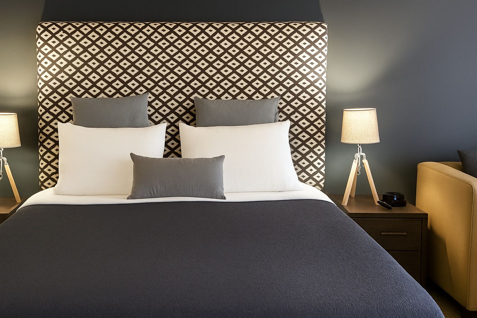 Un lit bien fait, avec une tête de lit à motifs, deux tables de chevet avec des lampes et une chaise, dans une chambre d’hôtel moderne.