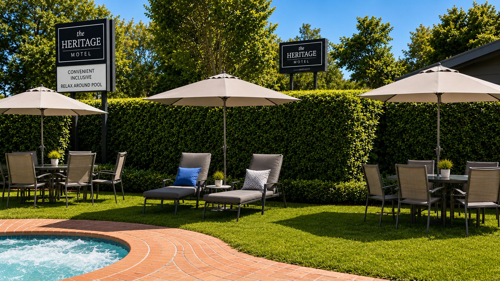 A poolside area with lounge chairs and umbrellas, a sign for 'The Heritage Motel', and a well-maintained hedge in the background.
