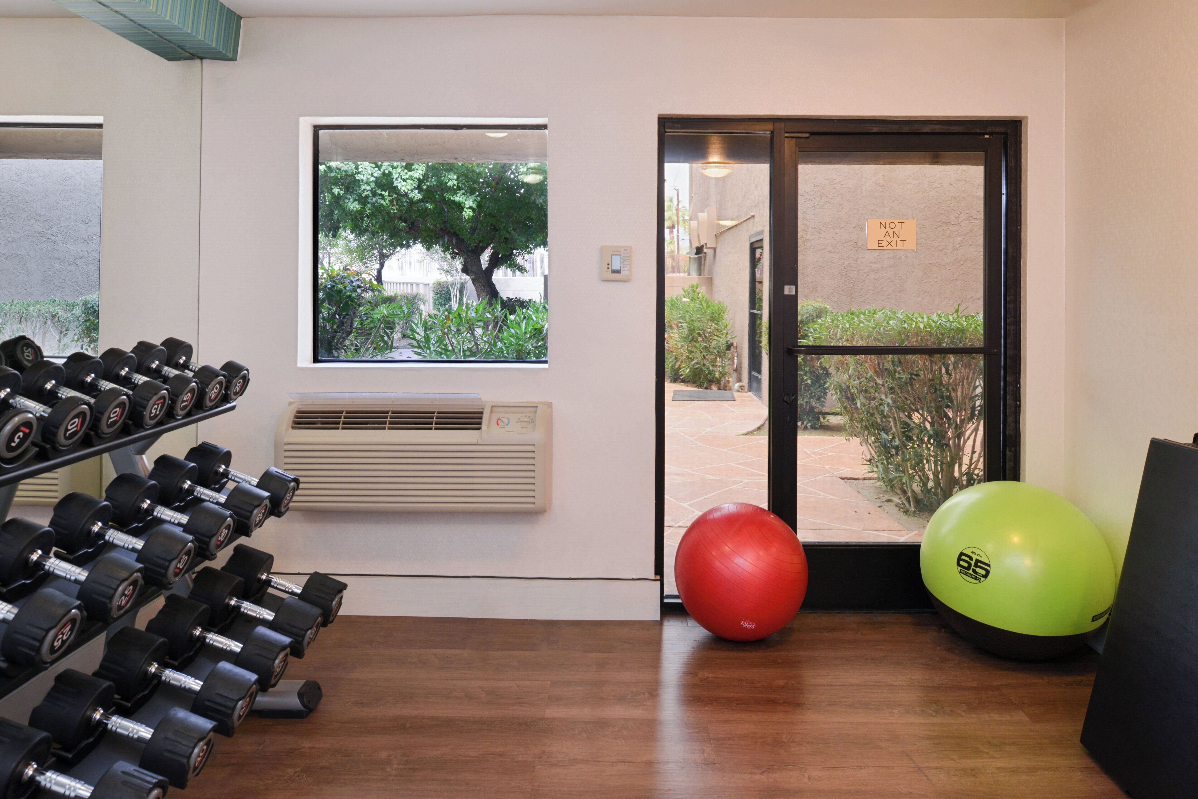 A gym with exercise equipment, a window with a view of greenery, and a door with a 'NOT AN EXIT' sign.