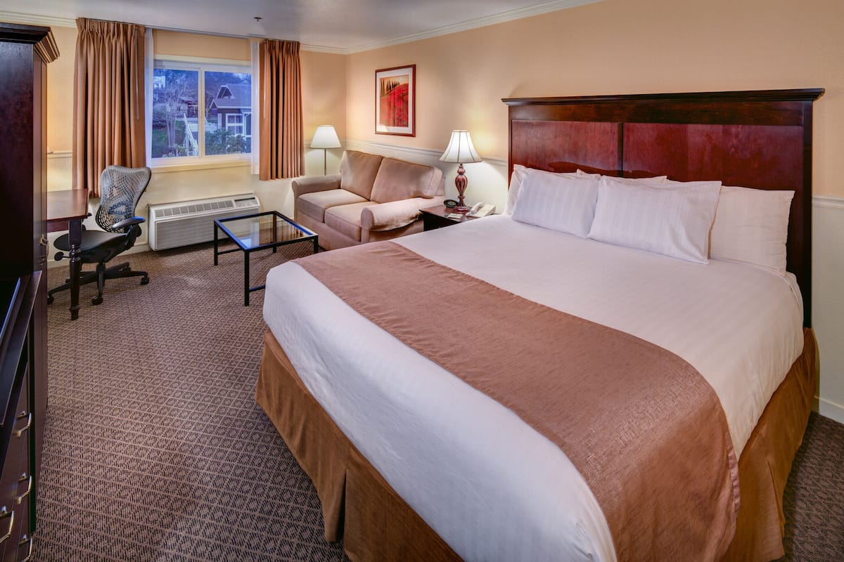 A hotel room with a large bed, a desk, a chair, a sofa, and a window with curtains.