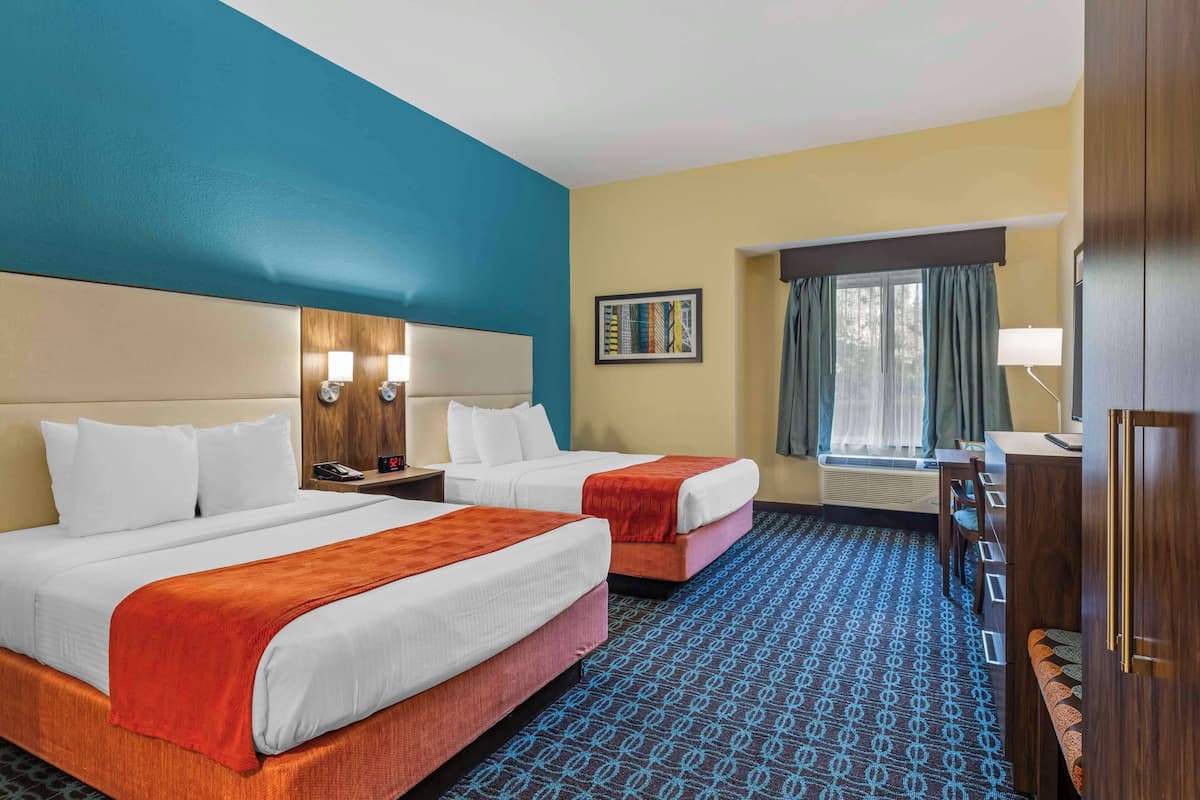 standard room, 2 queen beds, non smoking, refrigerator & microwave (1st floor) | in-room safe, desk, laptop workspace, iron/ironing board