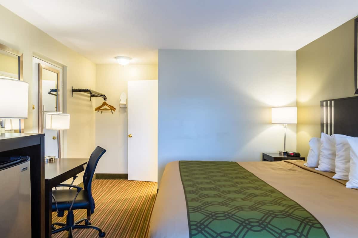 Een hotelkamer met een bed, bureau, stoel en een kleine kitchenette.