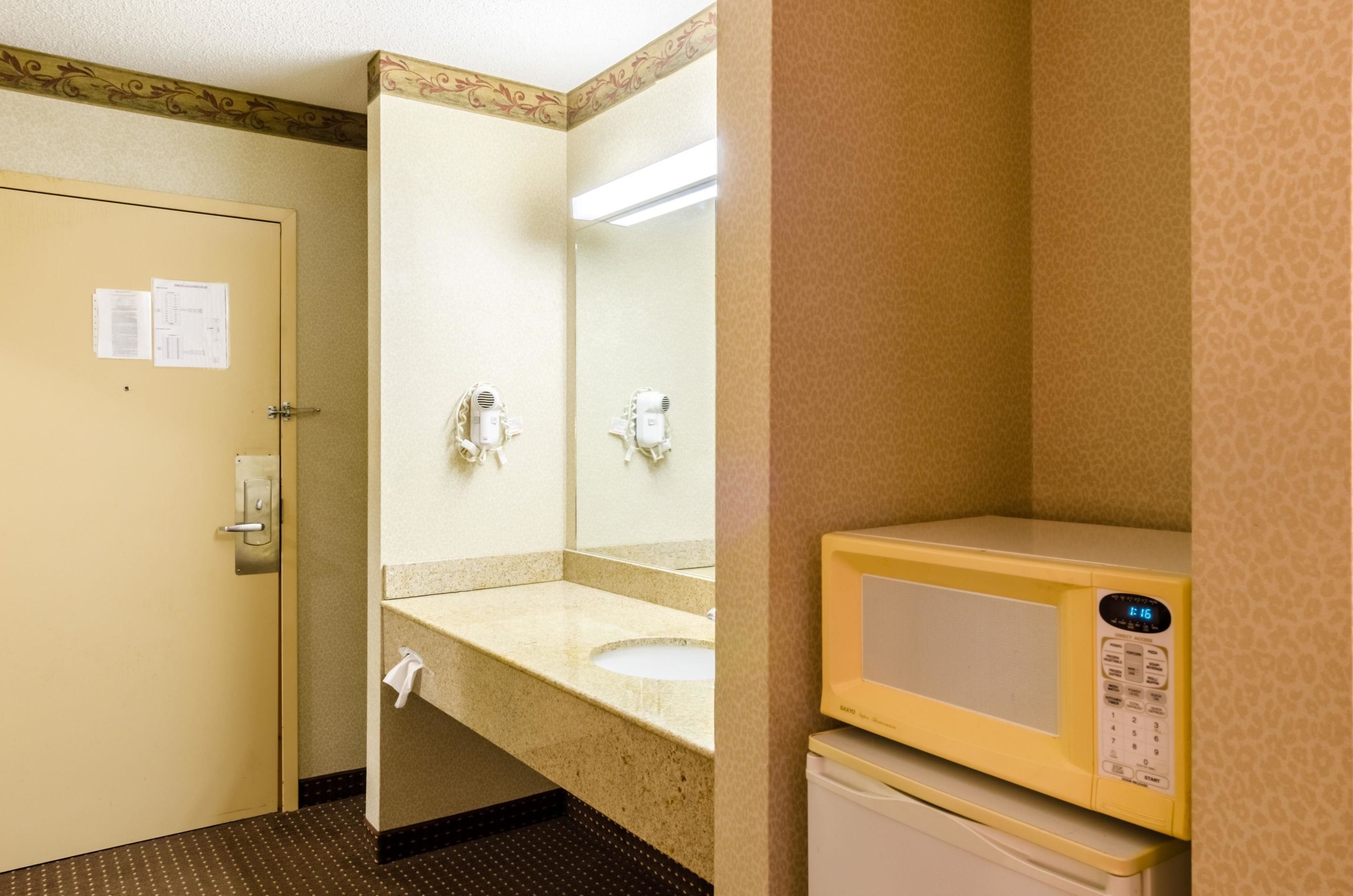 Un baño de hotel con lavamanos, espejo, secador de pelo y microondas.