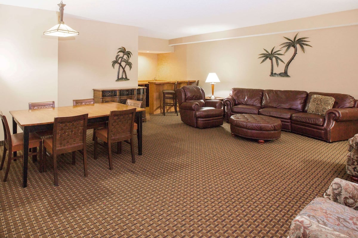 A living room with a dining area, leather furniture, and a patterned carpet.