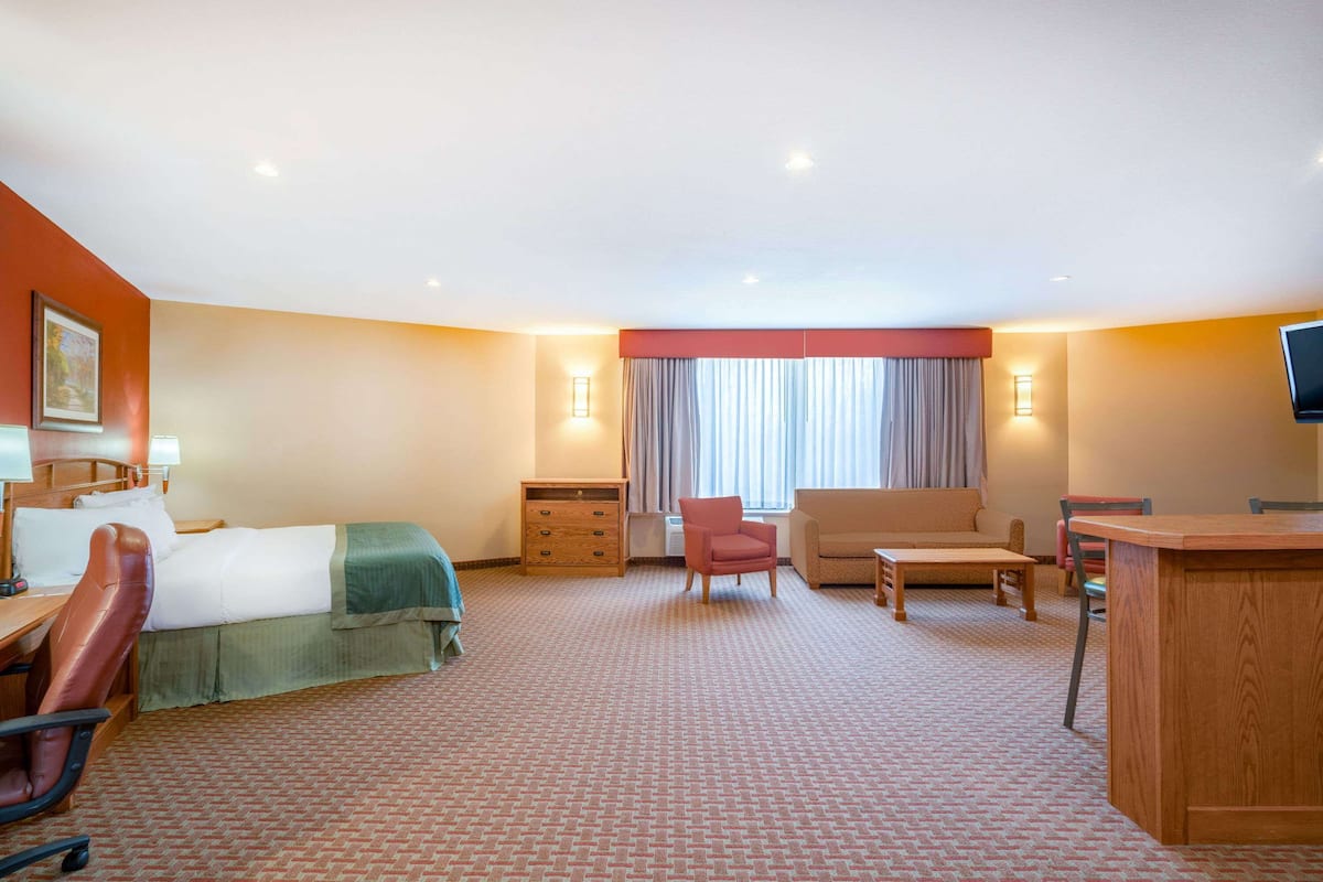 A hotel room with a bed, a desk, a chair, a sofa, a small table, and a TV.