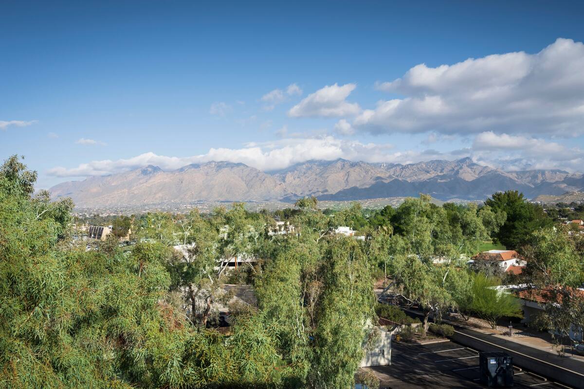 A mountainous landscape with a clear sky, trees, and buildings in the foreground.