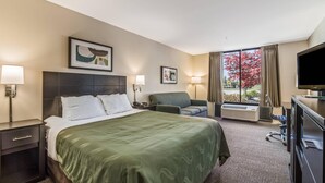 Een hotelkamer met een groot bed, twee nachtkastjes met lampen, een bureau met televisie en een raam met gordijnen.