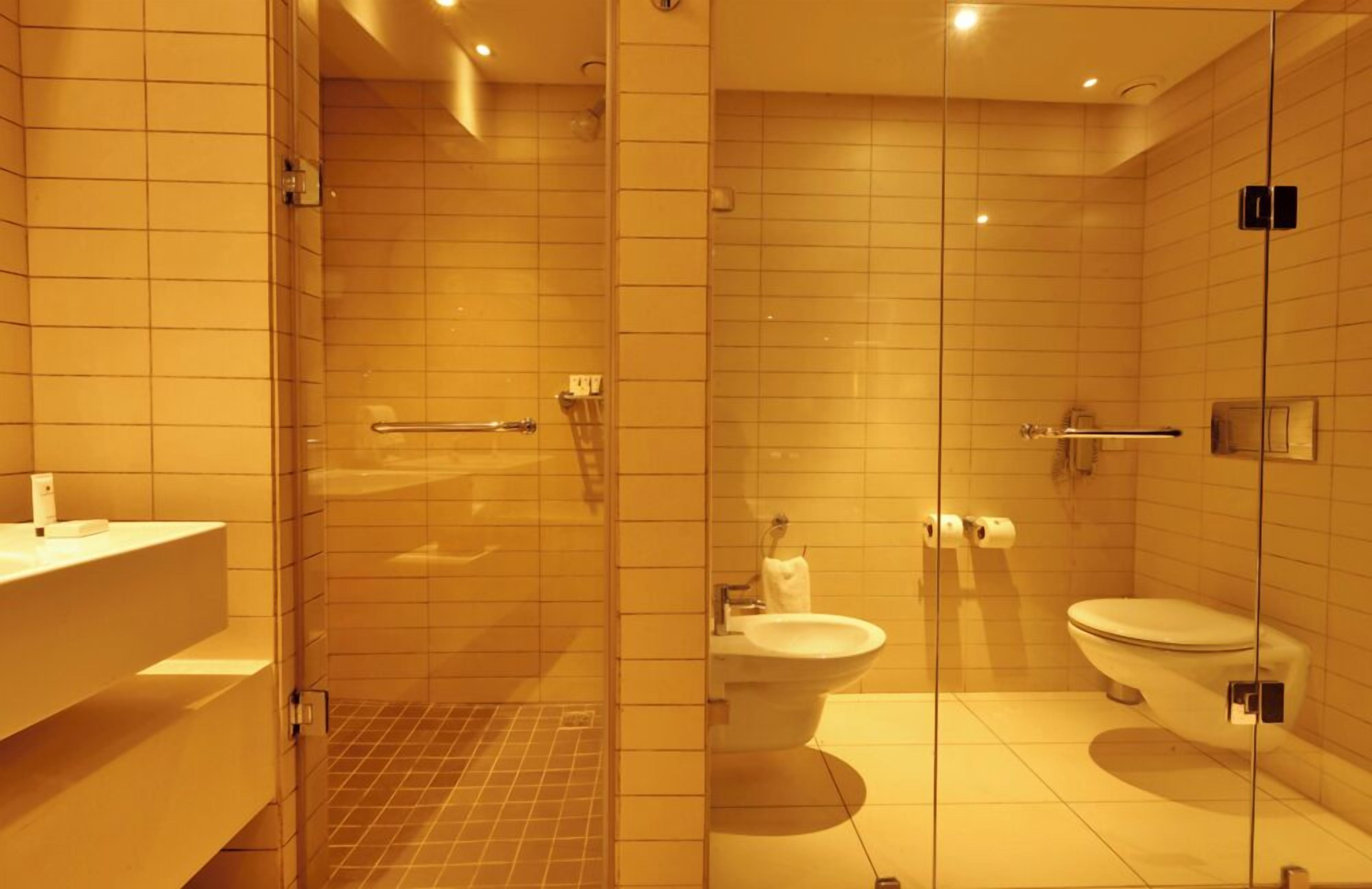 A modern bathroom with a glass shower enclosure, a sink, and a toilet.