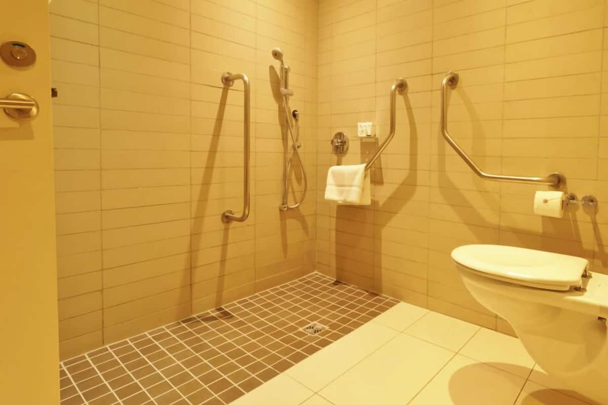Double Room (Physically Accessible) | Bathroom | Separate tub and shower, hydromassage showerhead, designer toiletries
