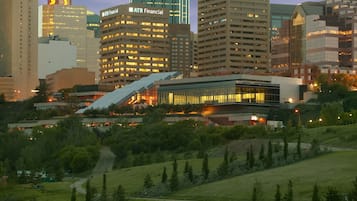 A cityscape with modern buildings, including a prominent ATB Financial building.