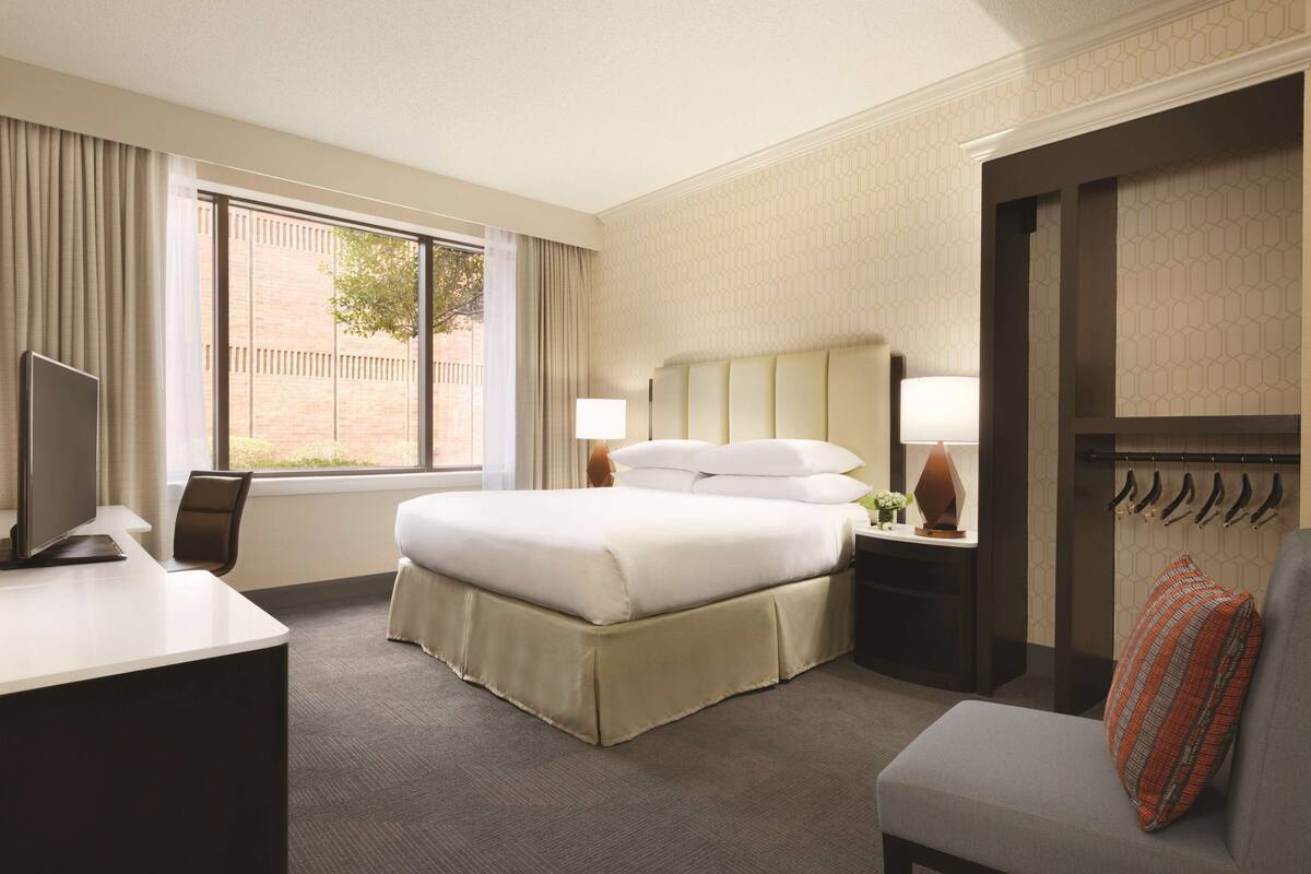 A hotel room with a large bed, a desk, a chair, a TV, a lamp, and a coat rack.