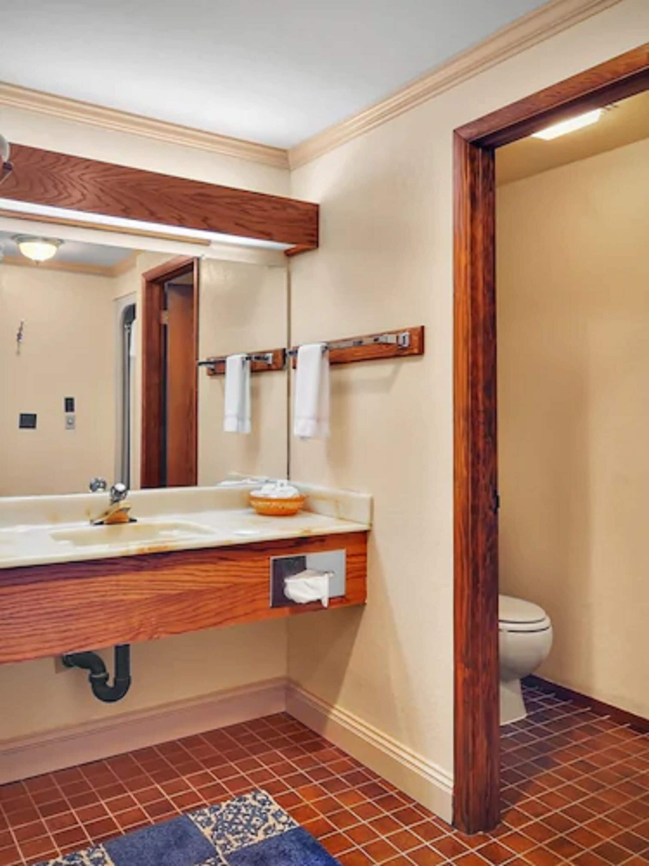 A bathroom with a wooden vanity, a mirror, a towel rack, and a toilet.