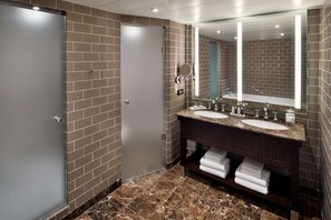 Combined shower/tub, free toiletries, hair dryer, towels