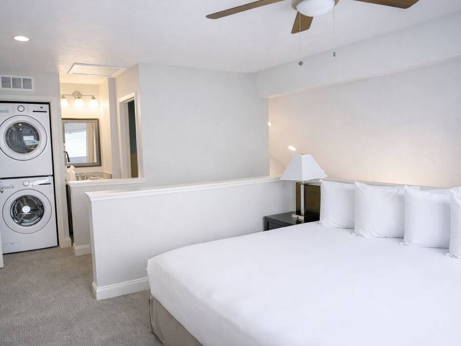 Premium bedding, pillowtop beds, desk, laptop workspace