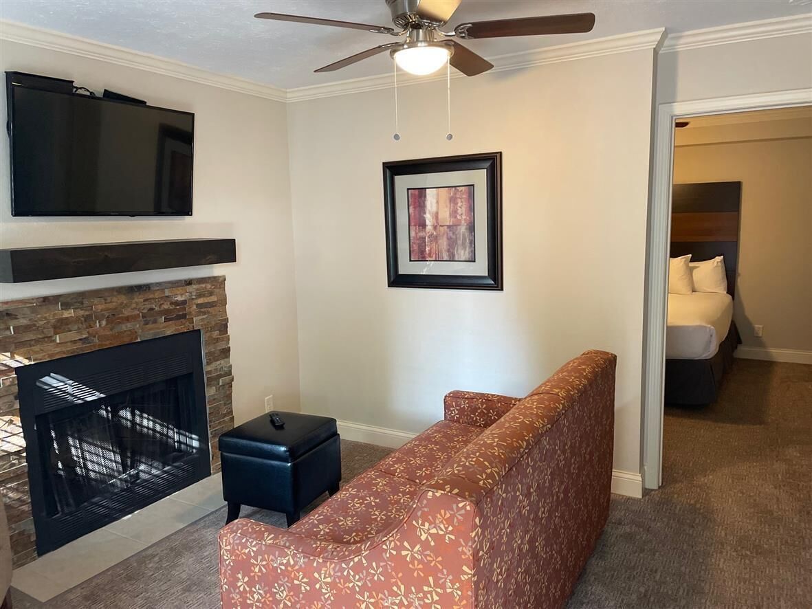 luxury suite, 1 king bed, kitchen | living area | 43-inch lcd tv with cable channels, tv