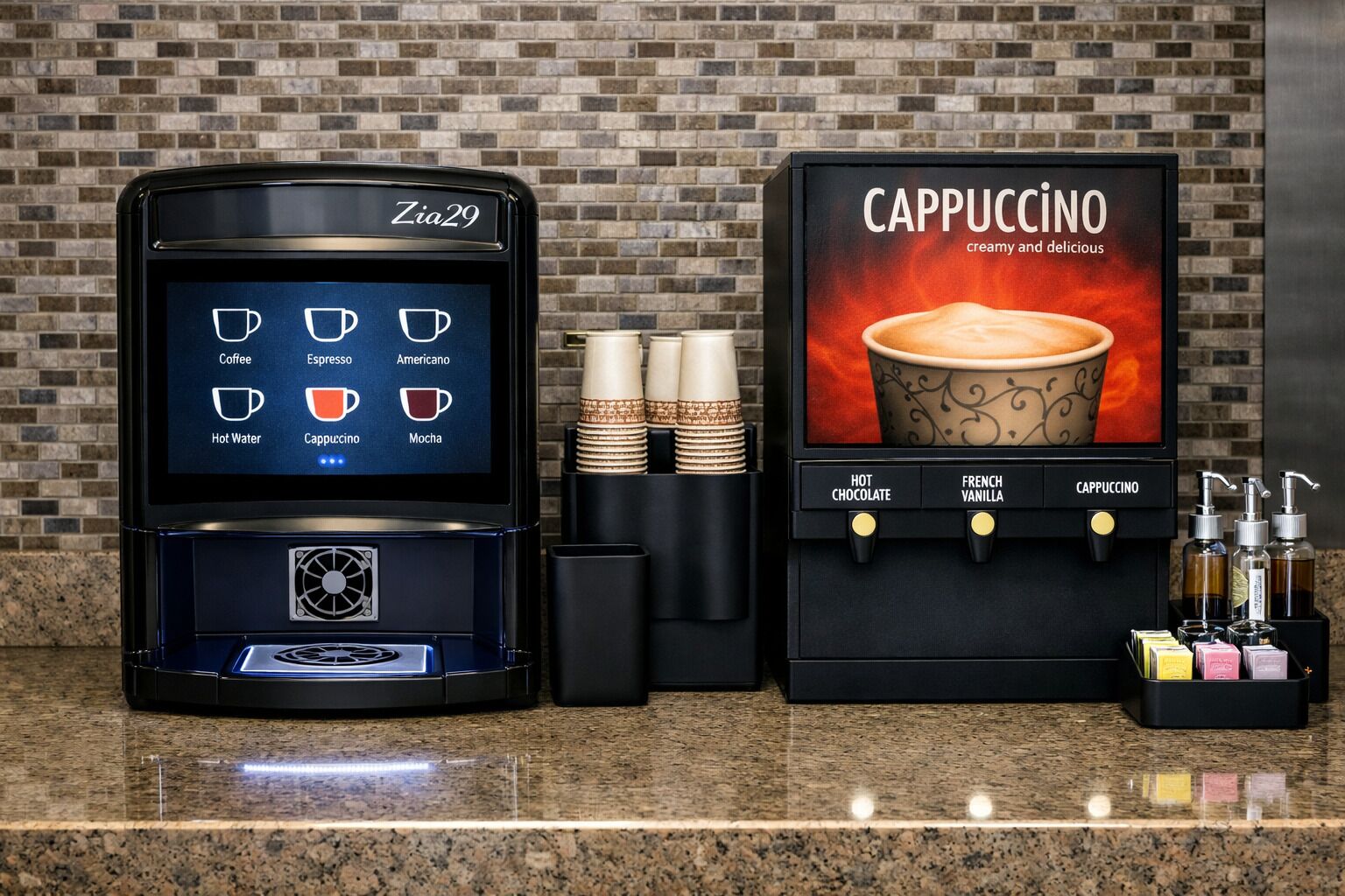 A coffee machine with a digital display, a cappuccino dispenser, and a stack of disposable cups.
