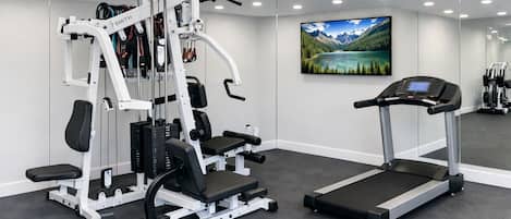 Un gimnasio con máquina Smith, bancos, cinta de correr y un cuadro con un paisaje de montaña en la pared.