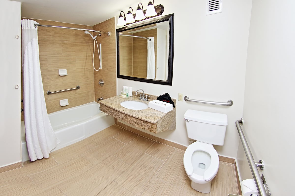 combined shower/bathtub, eco-friendly toiletries, hair dryer, towels