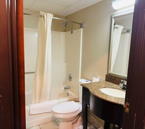 Combined shower/bathtub, eco-friendly toiletries, hair dryer, towels