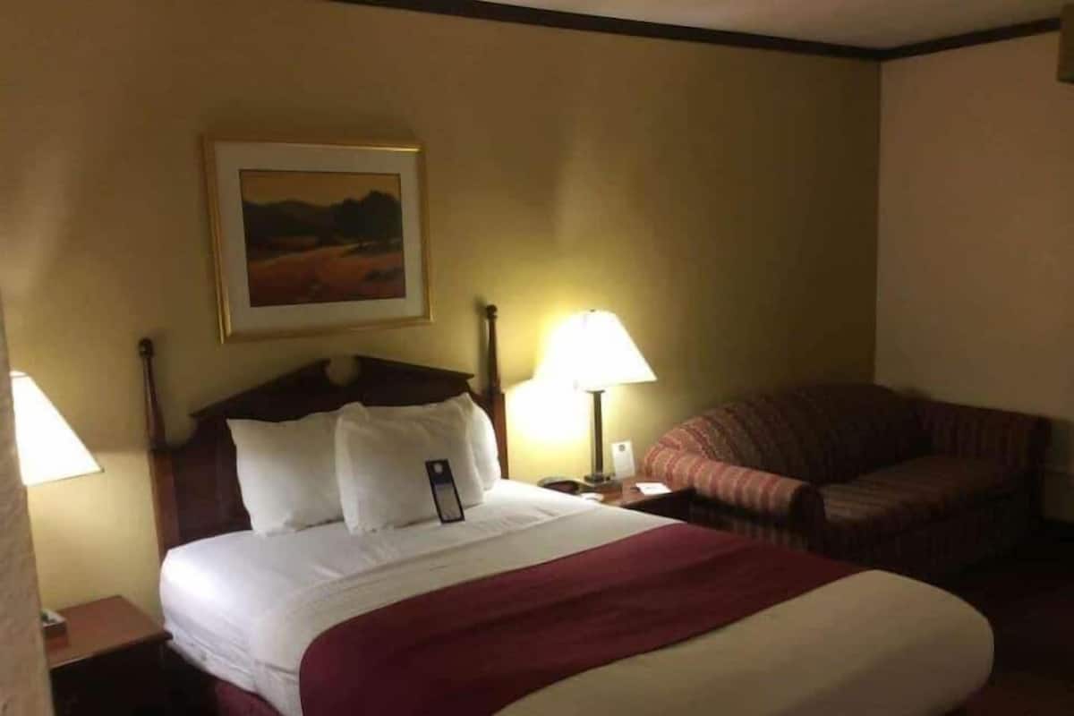 A hotel room with a bed, a chair, a nightstand, a lamp, and a painting on the wall.