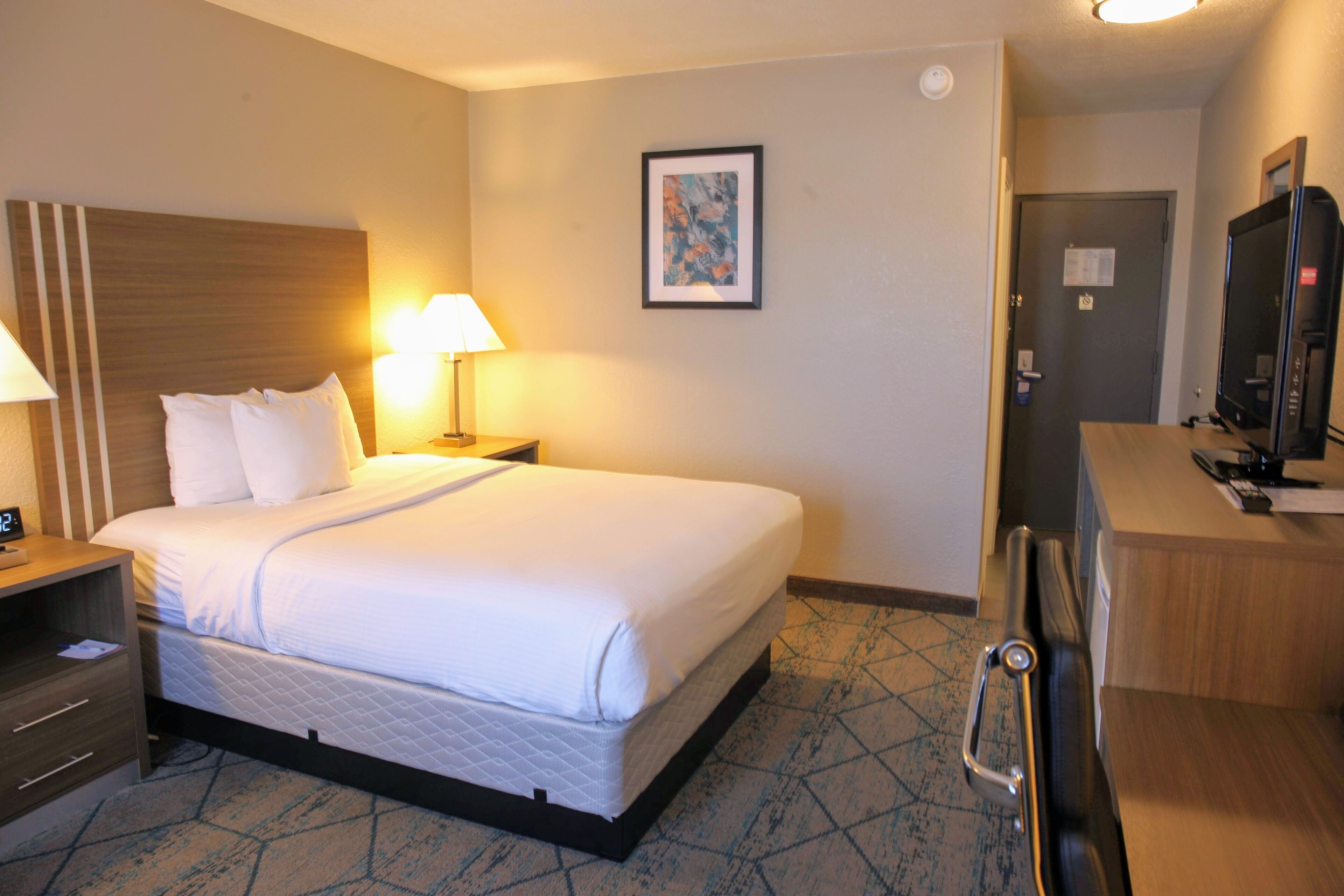 A hotel room with a bed, bedside table, lamp, artwork on the wall, and a desk with a television.