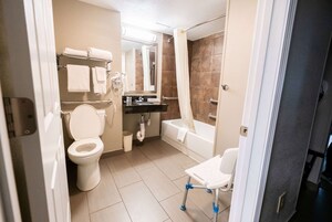Bañera con ducha, secador de pelo, toallas
