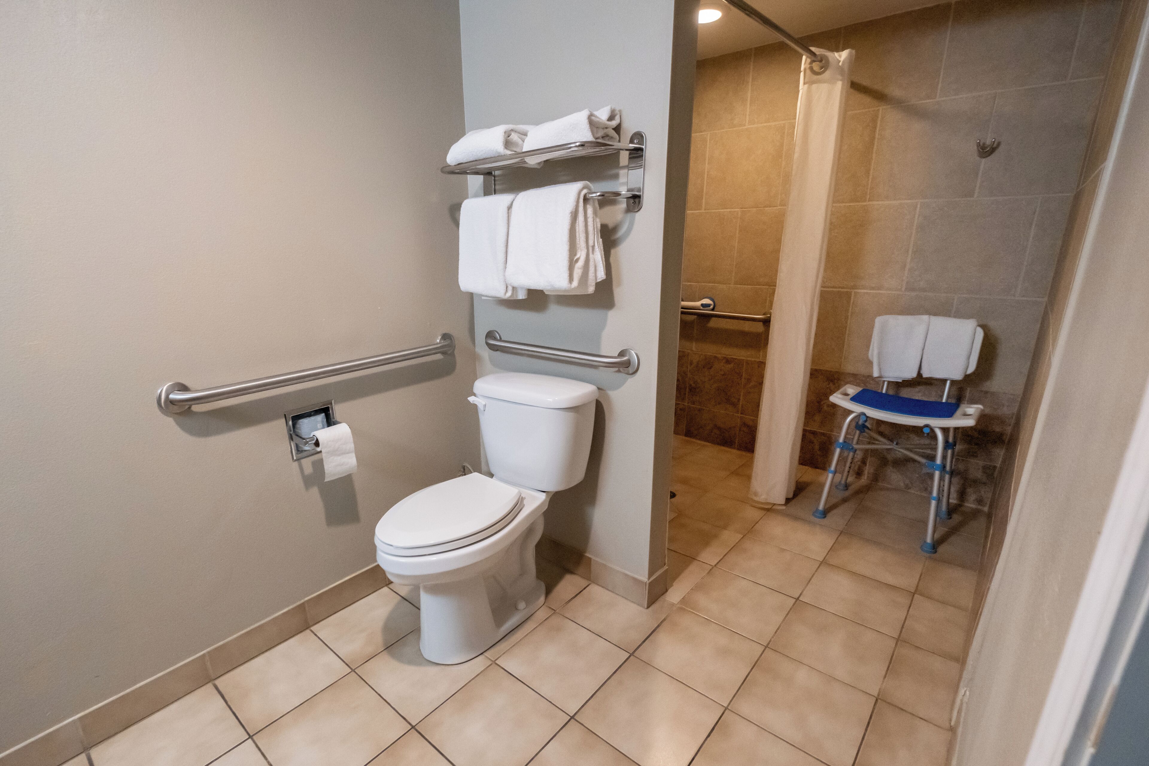 A bathroom with a toilet, handrails, a shower area, and a wheelchair-accessible bench.