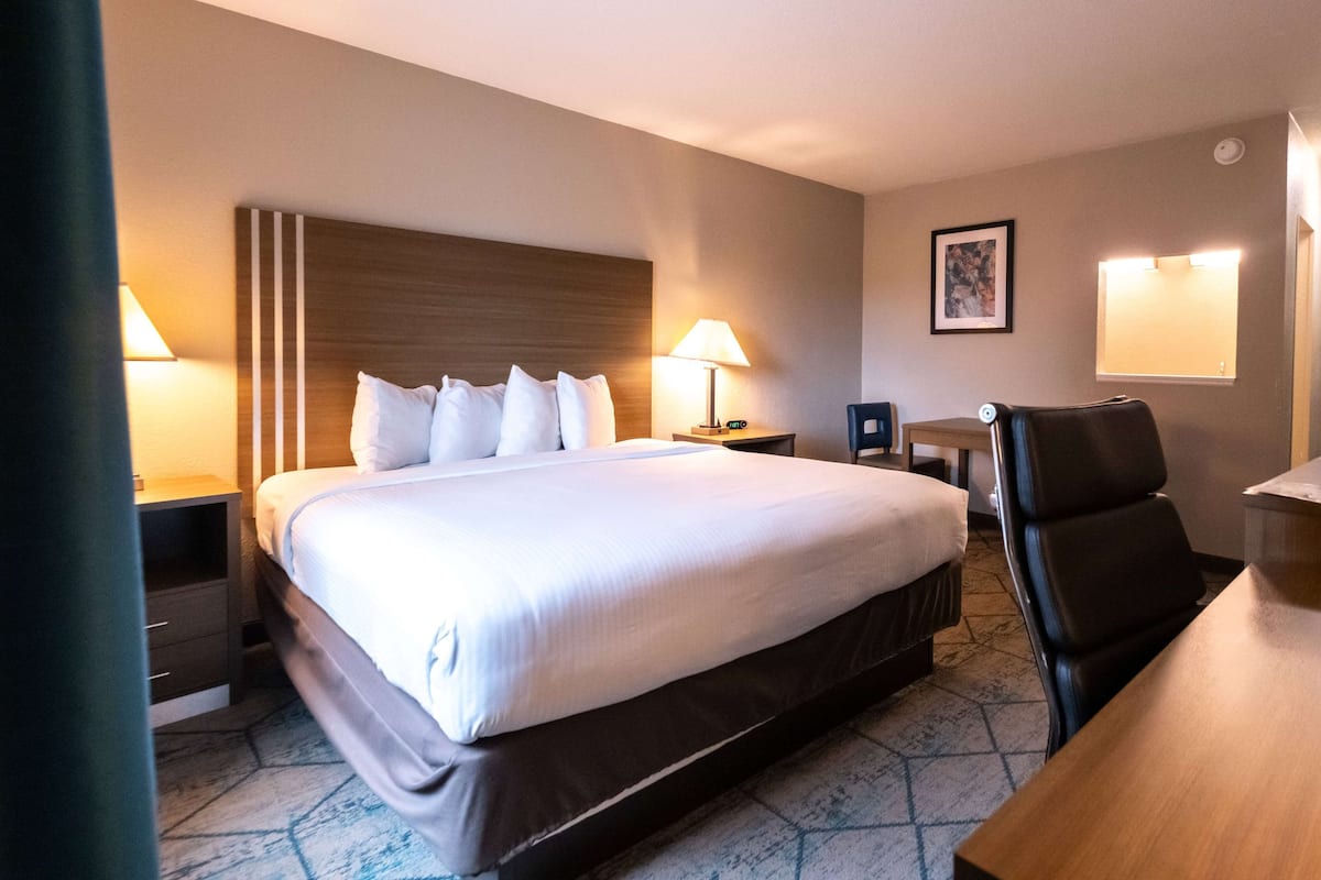 A hotel room with a large bed, two bedside tables, a desk, and a chair.