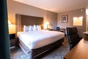 Habitación de hotel con una cama grande, dos mesitas de noche, un escritorio y una silla.