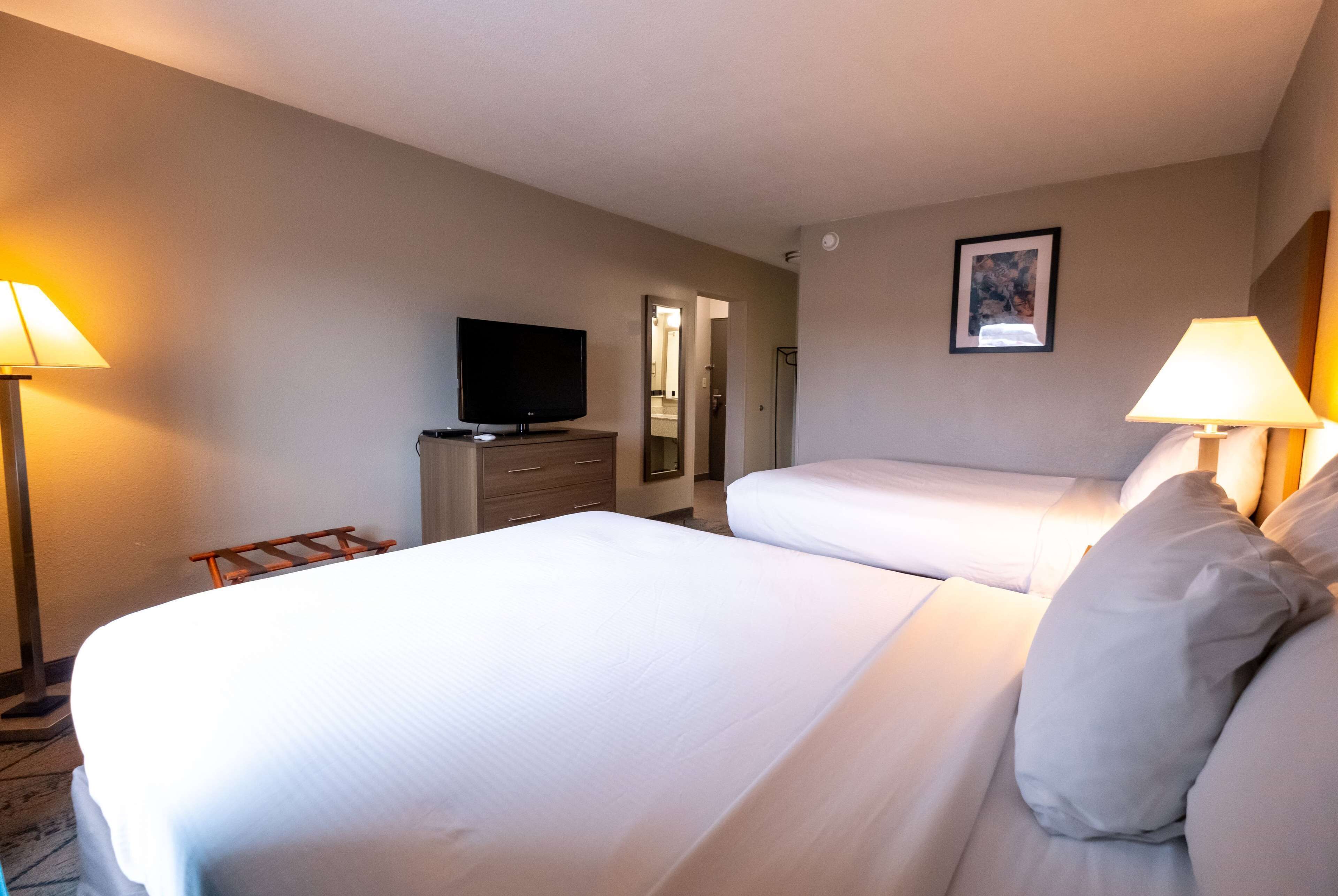 Una habitación de hotel con dos camas, televisión, cómoda y lámpara.