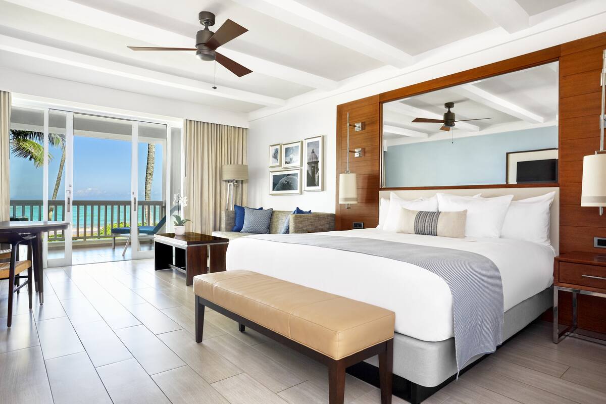 Une chambre d’hôtel avec un grand lit, une banquette, un bureau et un balcon donnant sur l’océan.