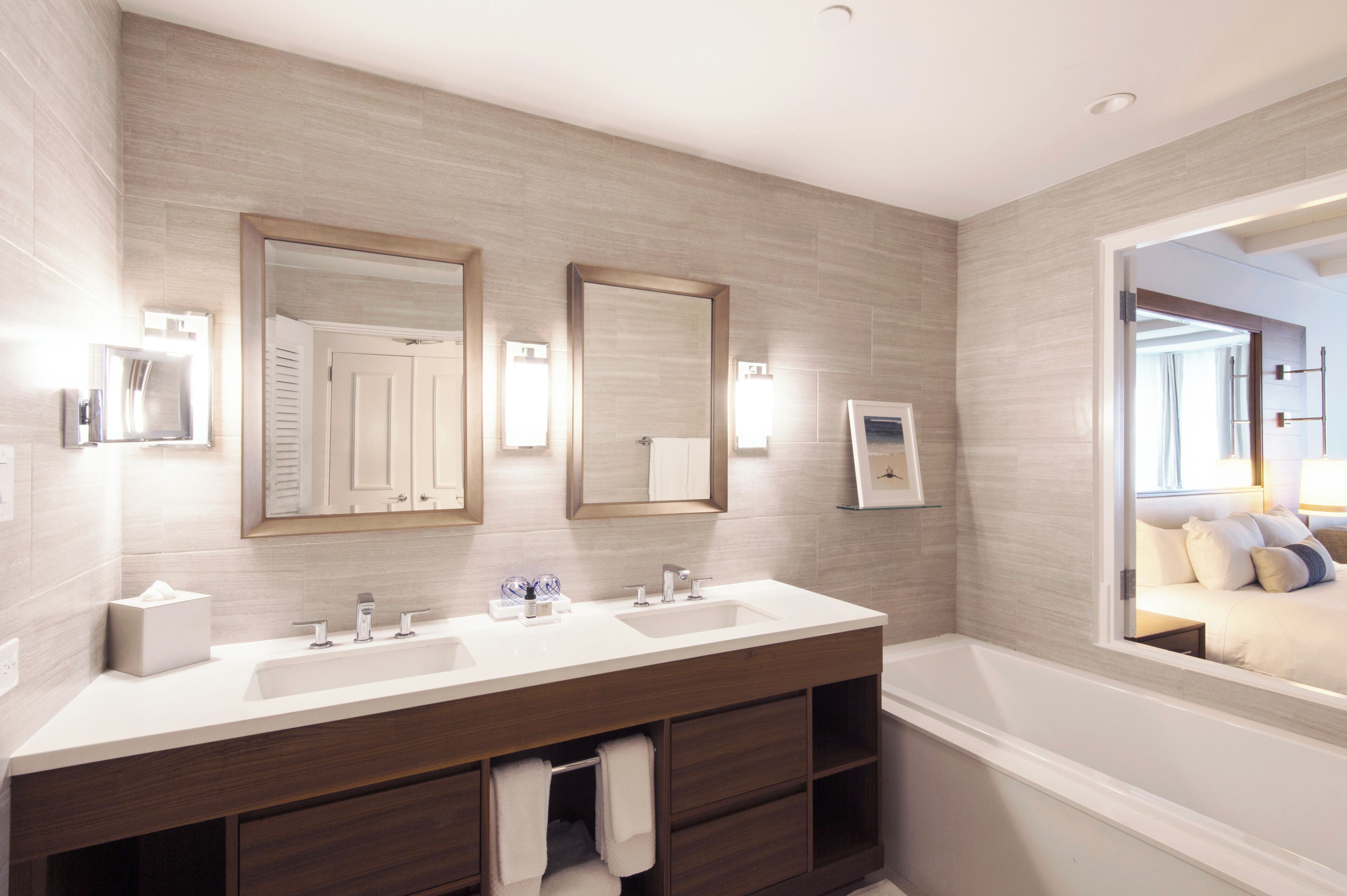 rainfall showerhead, eco-friendly toiletries, hair dryer, towels