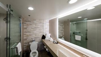 A modern bathroom with a glass-enclosed shower, a toilet, and a vanity with a mirror.