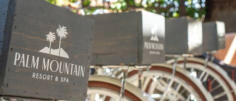 A wooden sign with "PALM MOUNTAIN RESORT & SPA" text and palm tree graphics.