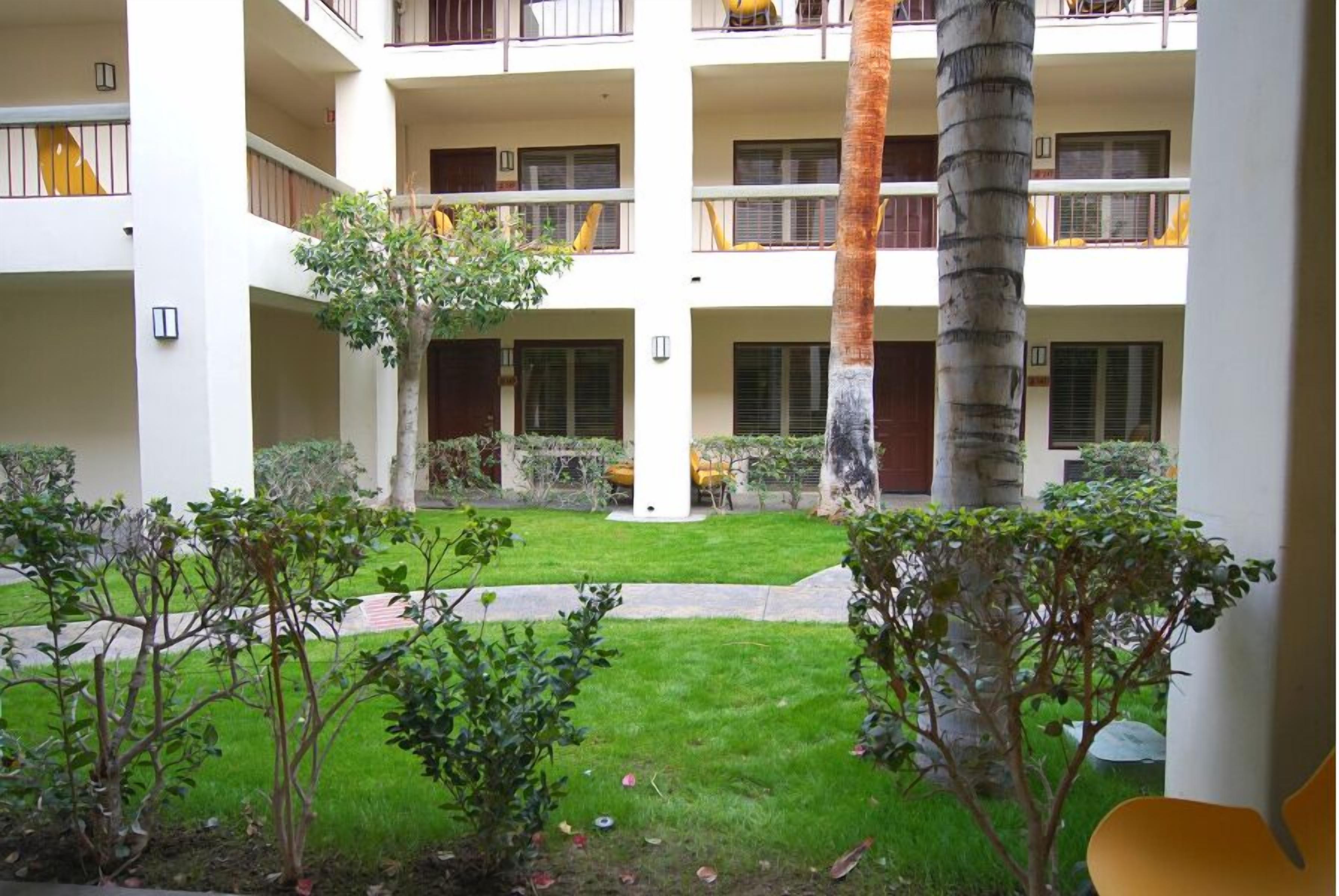 Un hotel de varios pisos con balcones, un patio central con césped y árboles, y una palmera.
