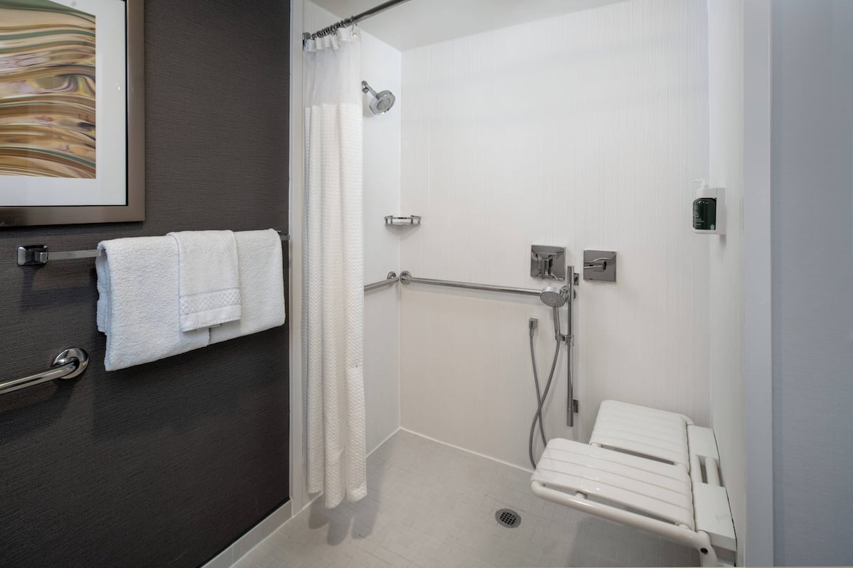Combined shower/bathtub, free toiletries, hair dryer, towels