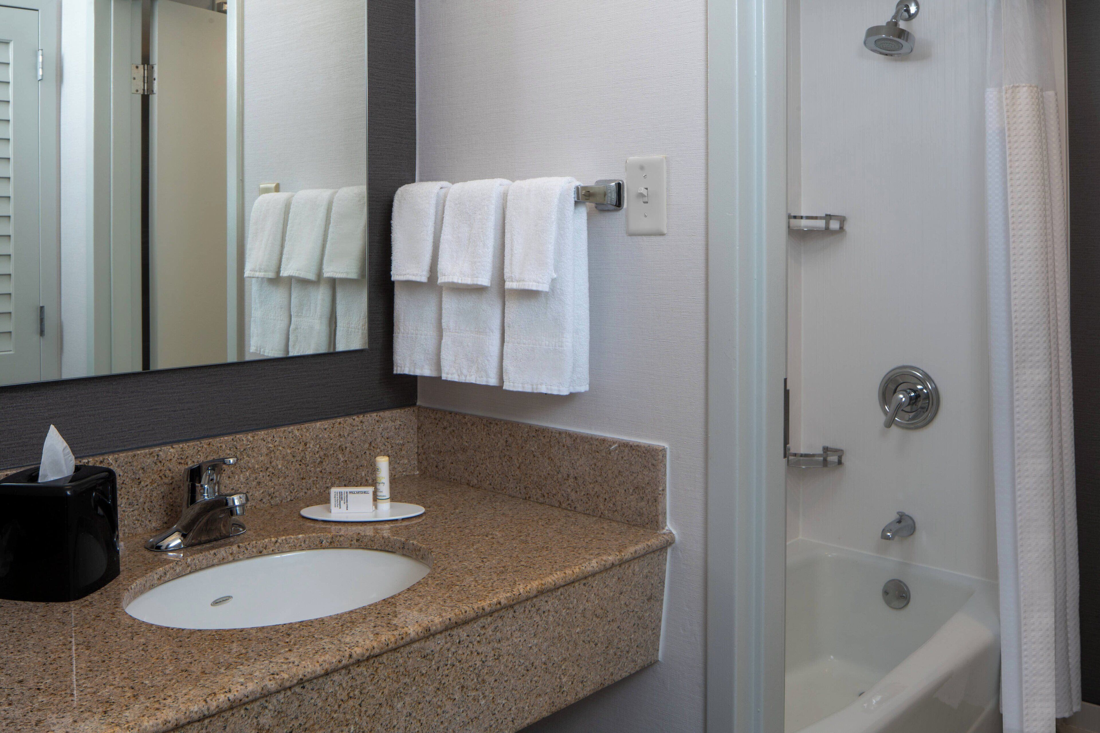 combined shower/bathtub, free toiletries, hair dryer, towels