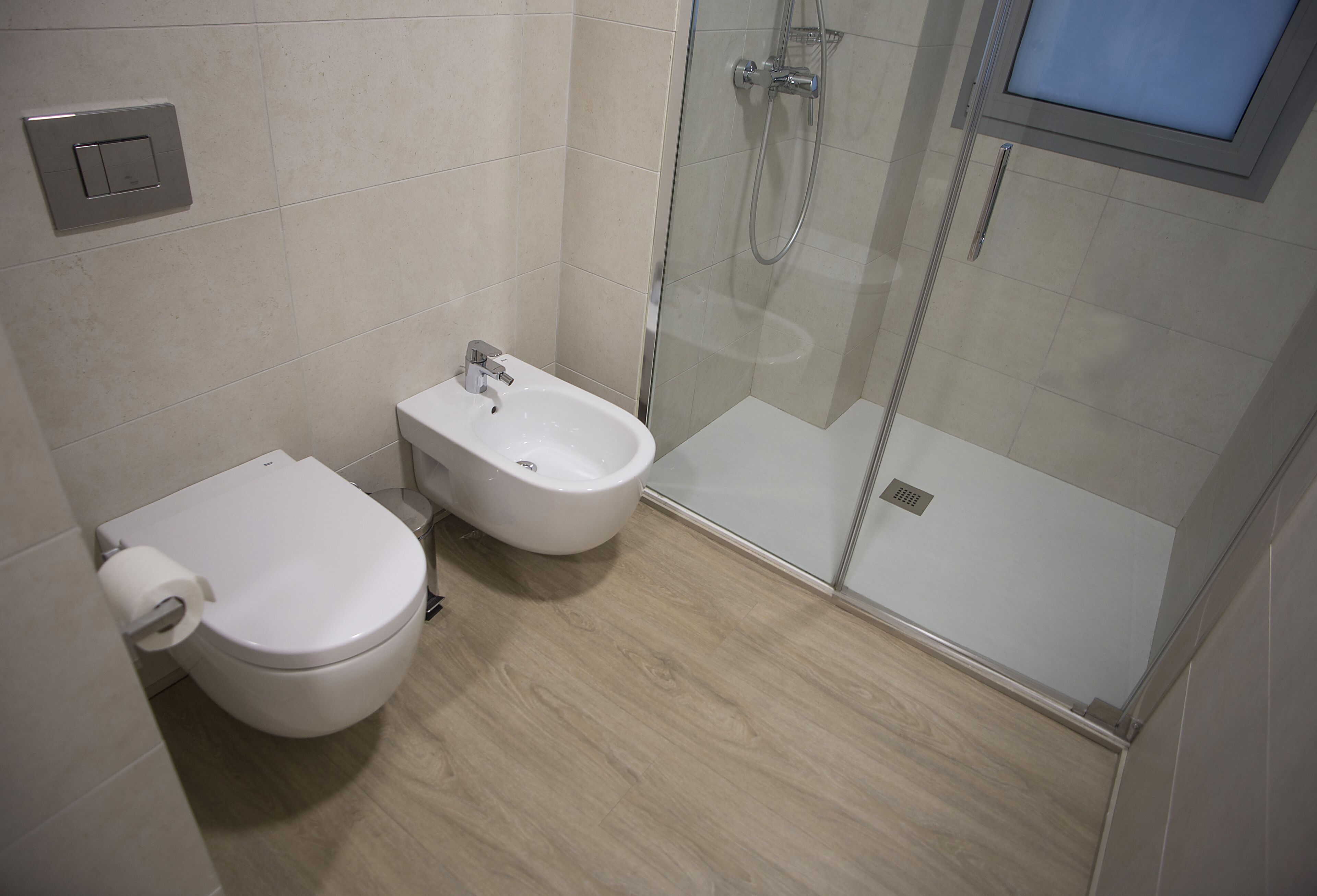 rainfall showerhead, hair dryer, bidet, towels