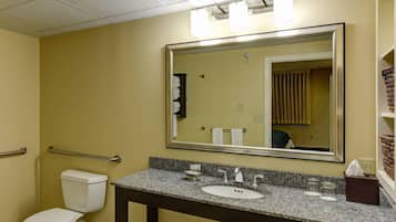 A bathroom with a toilet, sink, and mirror.