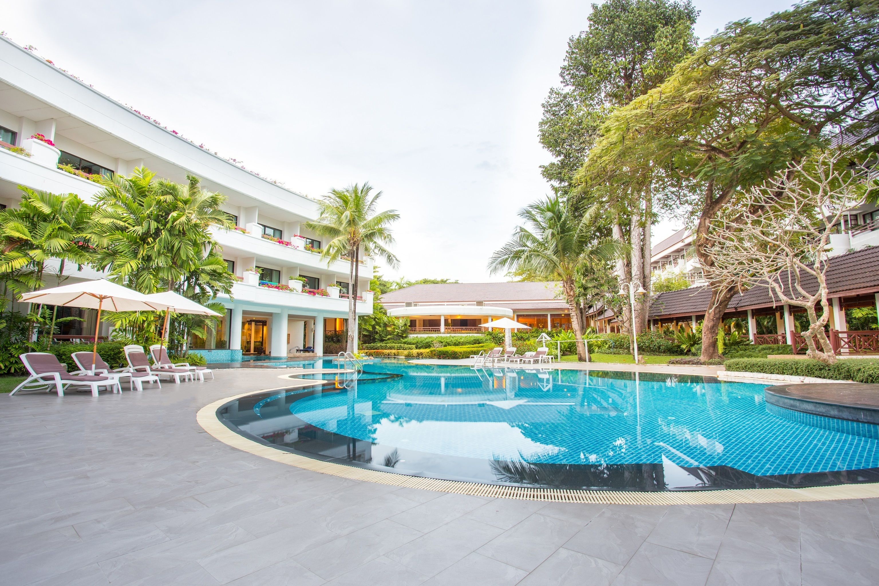 A hotel with a swimming pool, lounge chairs, and palm trees.