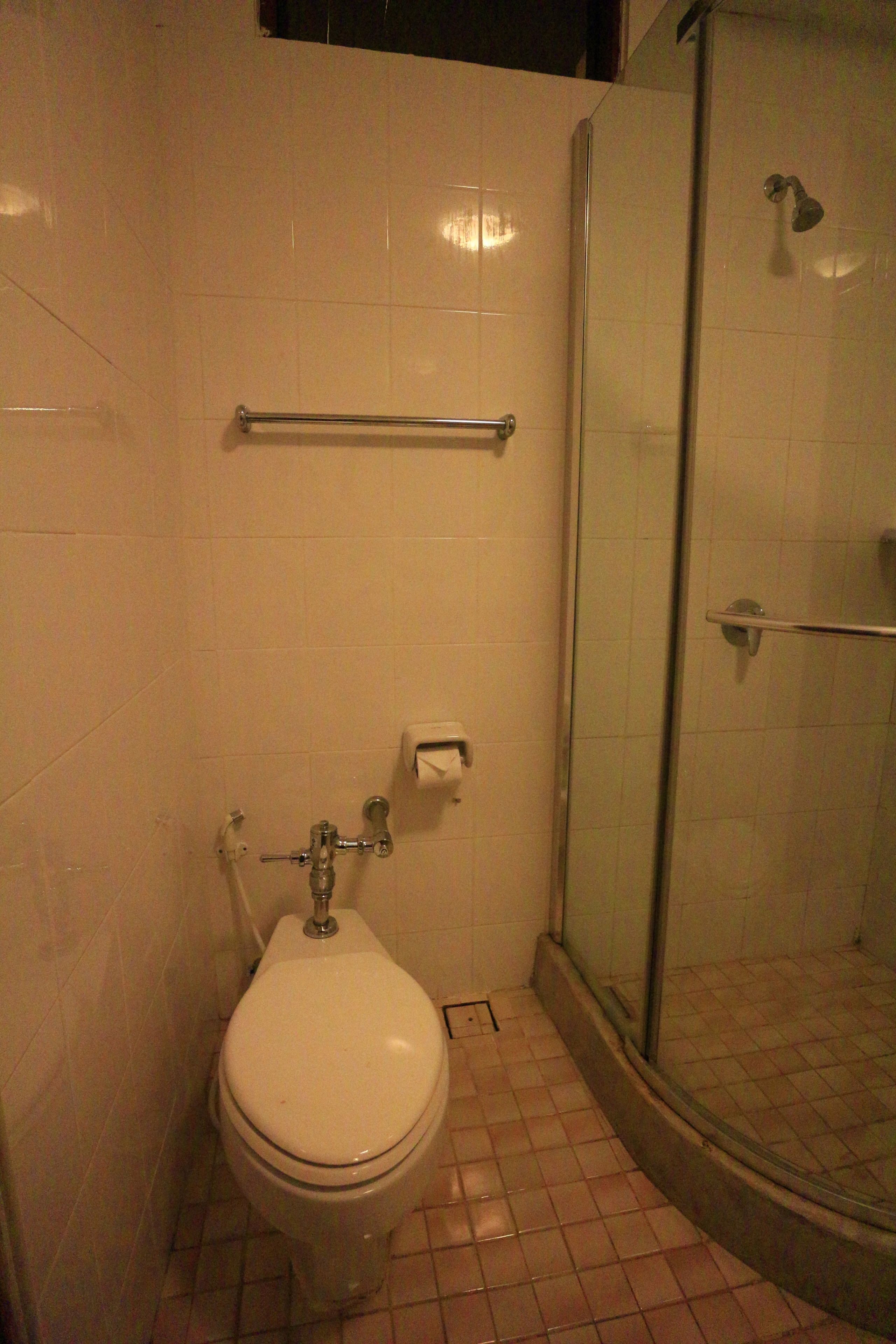 Een badkamer met toilet, handdroger en een douchecabine van glas.